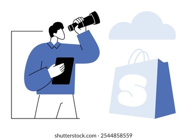 Hombre sosteniendo un telescopio y una tableta, junto a una bolsa de compras y una nube. Ideal para compras en línea, computación en la nube, tecnología, planificación futura, investigación de mercado. Estilo de Vector simple con tonos azules