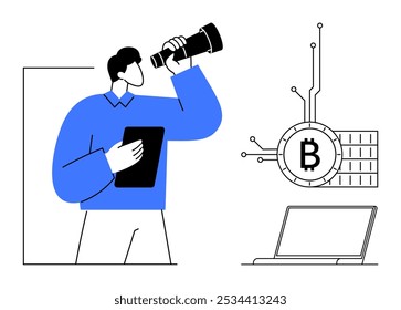 Hombre sosteniendo el telescopio y la tableta, observando el símbolo de Bitcoin conectado a circuitos digitales. Ideal para criptomonedas, tecnología, análisis financiero, innovación, estrategia de inversión. Minimalista plano