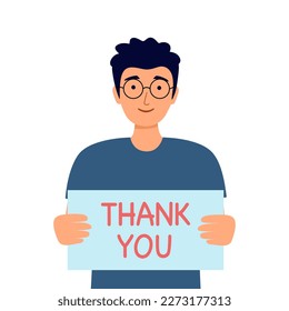 Man holding thank you sign in flat design on white background.