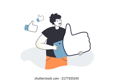 Man holding thumb up symbol of positive review. Tiny person with big like in hands flat vector illustration. Marketing service, social media concept for banner, website design or landing web page