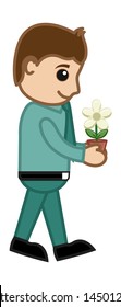 Man Holding a Tiny Flower Plant - Business Vector