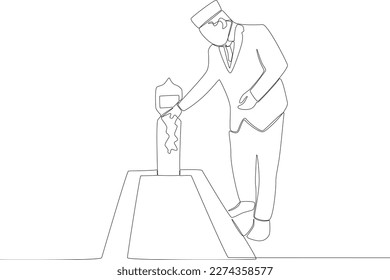 A man holding tombstone in front him  One line drawing