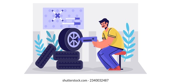 Man holding tool and replaces parts in car wheel. Mechanic changing wheel, using pneumatic wrench. Tire fitting service. Flat vector illustration in cartoon style in blue colors