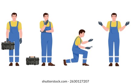 Man holding a toolbox and repairing and thinking, worker character and expression