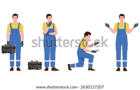 Man holding a toolbox and repairing and thinking, worker character and expression