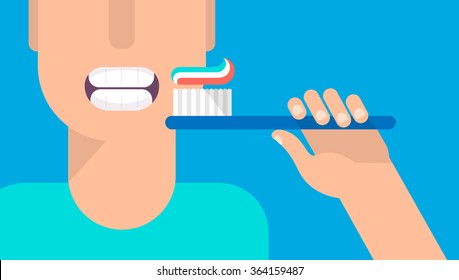 Man holding a toothbrush with a paste. Hygiene and teeth care concept. Isolated vector illustration flat design.