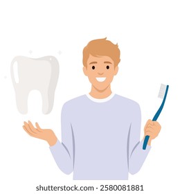 Man holding a toothbrush and a sparkling white tooth. The Importance of Good Oral Hygiene. Flat vector illustration isolated on white background