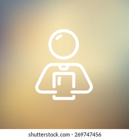 Man holding touch screen tablet icon thin line for web and mobile, modern minimalistic flat design. Vector white icon on gradient mesh background.