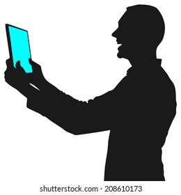 man holding touchscreen digital tablet, vector 