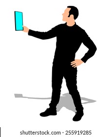 man holding touchscreen digital tablet, vector 