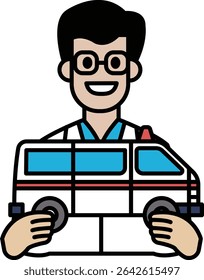 A man is holding a toy ambulance. He is smiling and he is happy. Concept of playfulness and joy