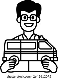A man is holding a toy car in his hands. He is smiling and he is happy