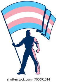 Man holding the transgender pride flag over white background.