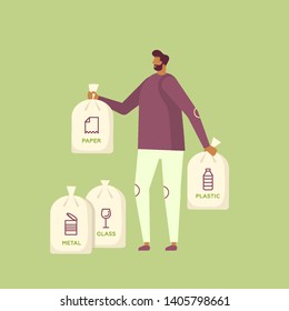 Man is holding trash bags with recycling line icons. Secondary raw materials: plastic, glass, paper, metal. Eco-friendly person taking care of ecosystem by sorting waste. Flat design, isolated 