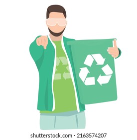 Man Holding Trash Bin With Symbol Of Recycling On White Backgrou