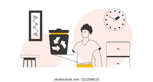 A man is holding a trash can. The concept of recycling plastic and waste. Linear style.