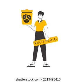 Un hombre sostiene un cubo de basura. El concepto de reciclaje de plástico y desechos. Estilo moderno lineal. Aislado sobre fondo blanco. Ilustración vectorial.