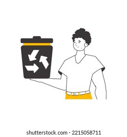 Un hombre sostiene un cubo de basura. El concepto de reciclaje de plástico y desechos. Estilo lineal. Aislado sobre fondo blanco. Ilustración vectorial.