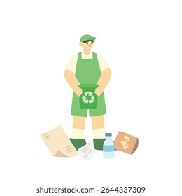 Man holding trash can with recycle icon and garbage scattered editable vector white background isolated design illustration