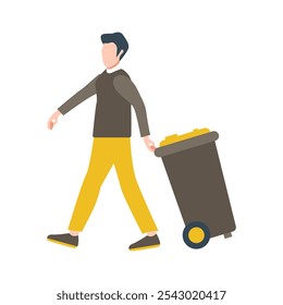 Hombre sosteniendo la papelera en las ruedas en diseño plano. Servicio de limpieza de calles. Ilustración vectorial aislada.