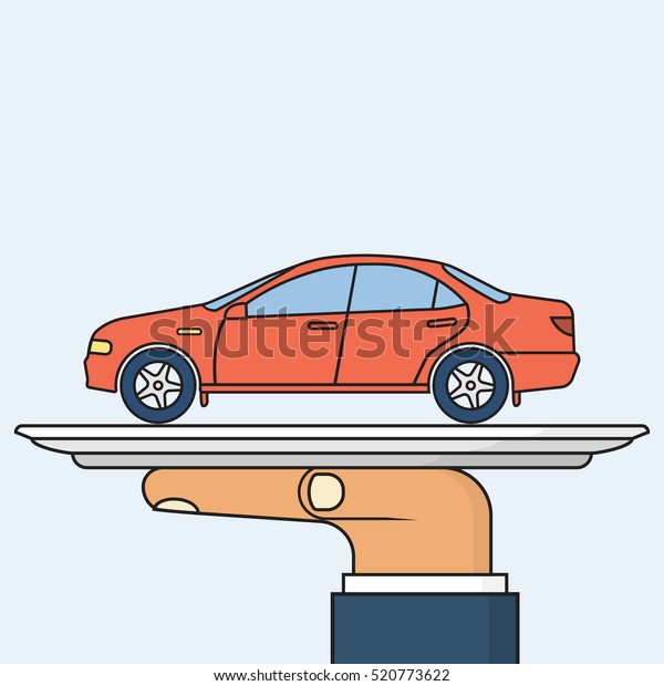 Man holding tray with car. Sale, renting cars,\
concept. Offer auto. Template for maintenance. Vector illustration\
minimal flat design. Isolated on background. Tray in hand. Salesman\
vehicle
