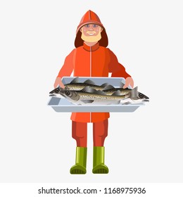 Man holding tray fish. Vector illustration isolated on white background