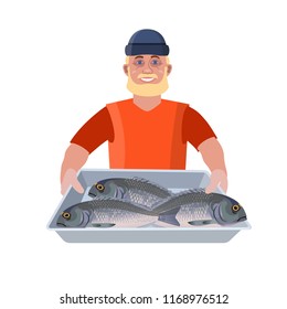 Man holding tray with fish. Vector illustration isolated on white background