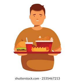 Man is holding a tray full of fast food like burger, fries, fried chicken and soda