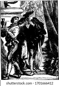 A man holding tray in hands and boy with mask in hand standing behind him, glasses and jar kept in tray, other people in background, vintage line drawing or engraving illustration