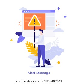 Man holding triangular warning sign with exclamation mark. Concept of fatal error, operating system failure, program crash, critical alert message. Modern flat colorful vector illustration for banner.