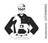 Man holding trojan horse flat line black white vector character. Launching virus. Editable outline half body person. Cybercrime simple cartoon isolated spot illustration for web graphic design