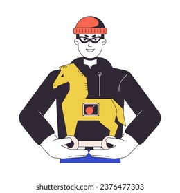 Hombre sosteniendo el personaje de vector de color de línea plana de caballo troyano. Iniciando virus. Medio cuerpo del contorno editable persona en blanco. Cibercrimen simple caricatura ilustración puntual para diseño gráfico web