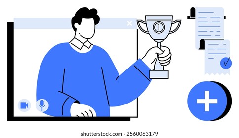 Man holding a trophy appears in online video call window with checklist and plus sign. Ideal for remote success, virtual events, online achievements, digital awards, and remote recognition. Modern