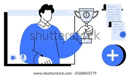 Man holding a trophy appears in online video call window with checklist and plus sign. Ideal for remote success, virtual events, online achievements, digital awards, and remote recognition. Modern