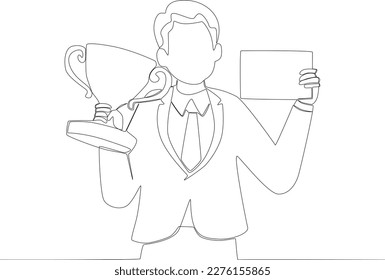 A man holding a trophy and a certificate. Employee appreciation one line drawing