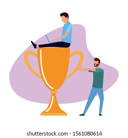 man holding a trophy cup and man sitting on top over white background, colorful design , vector illustration