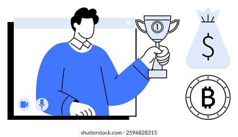 Man holding a trophy during a virtual call, displayed in a window interface. Money bag with dollar sign and Bitcoin coin beside it. Ideal for finance, virtual events, online achievements