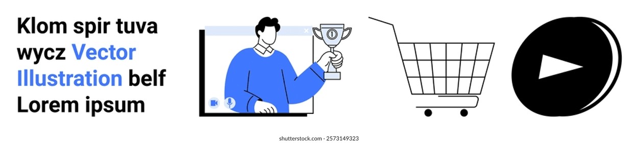 A man holding a trophy emerges from a computer screen, next to a shopping cart and a play button. Ideal for e-commerce, online success, digital marketing, achievements, and virtual shopping. Banner