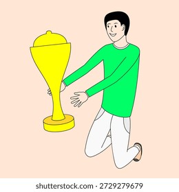 Un hombre sostiene un trofeo en sus manos. El trofeo es amarillo y tiene una forma redonda. El hombre está sonriendo y está feliz de tener el trofeo
