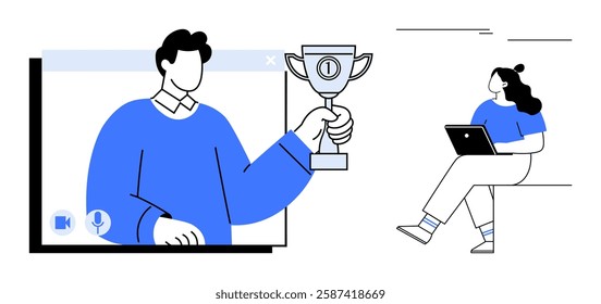 Man holding a trophy on a video call, while a woman with a laptop relaxes and watches. Ideal for online awards, remote work, achievement, virtual events, team recognition, teamwork, and digital