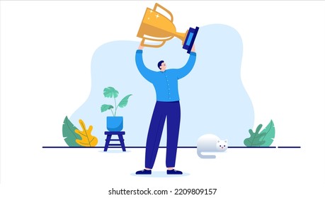 Man Holding Trophy - Winning Business Person In Casual Clothes Lifting Award Over Head. Cartoon Vector Illustration In Flat Design With White Background