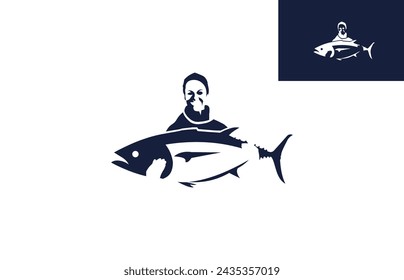 Man holding tuna fish logo design a logo design illustrating an angler holding a tuna fish in his lap, logo for fishing, fish shop, restaurant