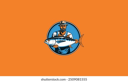 Mann, der Thunfisch hält Vektorgrafik Logo Design