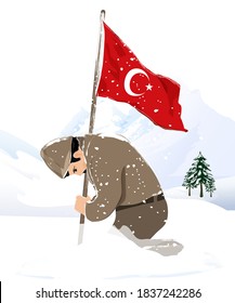 a man holding the turkish flag while it is snowing. / Sarıkamış Harekâtı, I. Dünya Savaşı sırasında Osmanlı İmparatorluğu ve Rus İmparatorluğu arasında Sarıkamış ve çevresinde gerçekleşen muharebeler.