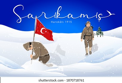 a man holding the turkish flag while it is snowing. Sarıkamış Harekâtı, I. Dünya Savaşı sırasında Osmanlı İmparatorluğu ve Rus İmparatorluğu arasında Sarıkamış ve çevresinde gerçekleşen muharebeler.