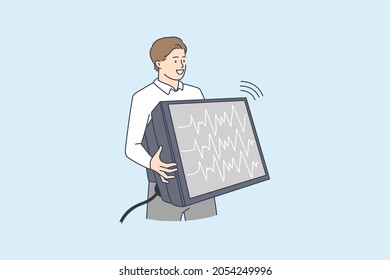 Man Holding TV Set With Channel Live Streaming Or Broadcasting. Young Male Carry Broken Television Equipment With No Signal, Going To Repair Fixing. Digital Technology. Flat Vector Illustration. 