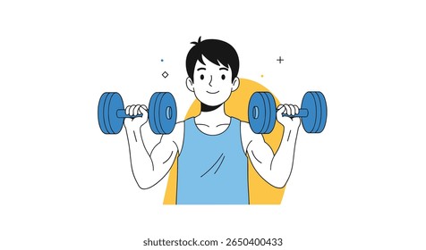 Man holding two dumbbells exercising his arm muscles with effort during a workout