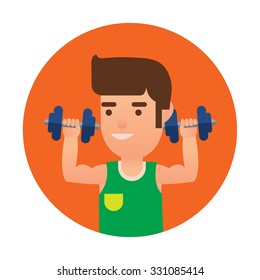 A Man Holding Two Dumbells on Orange Background
