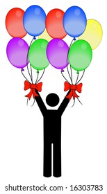 Mann, der zwei große bunte Ballons mit roten Bändern hält