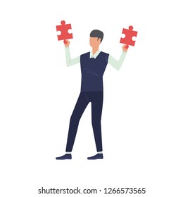Man holding two pieces of puzzle flat icon. Jigsaw, task, metaphor. Vector illustration can be used for topics like business, problem solving, management